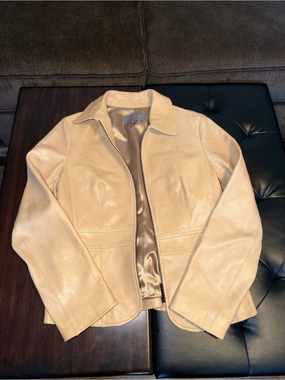 Ann Taylor Cream Leather Zip Jacket
